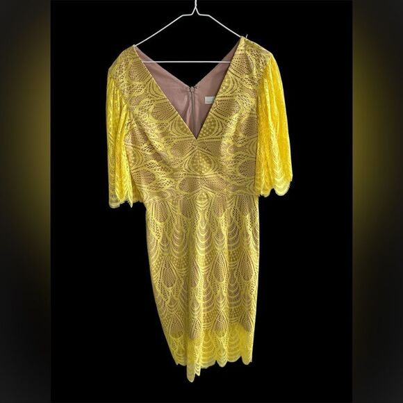 Dress the Population Mia Yellow Lace Midi Dress Puff Sleeve Cocktail Large - Picture 4 of 8